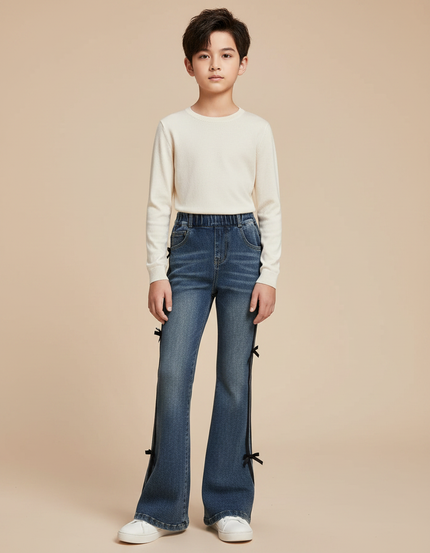 Pantalon Patte D'Éléphant Denim Bleu Nœuds Noirs Enfant - Jean