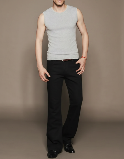 Pantalon Patte D'Éléphant Noir Jean Classique Ajusté Homme