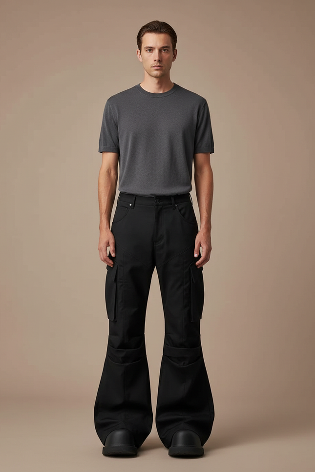 Pantalon Patte D'Éléphant Noir Cargo Évasé Homme Décontracté - Toile