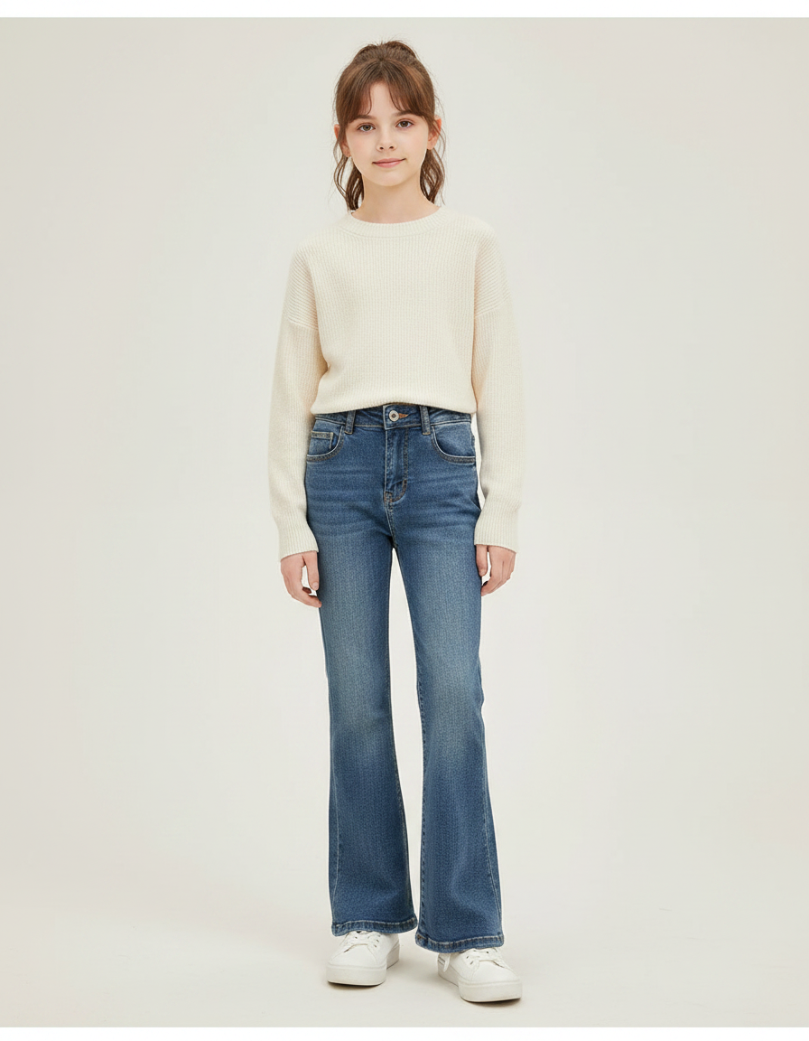 Pantalon Patte D'Éléphant Jean Bleu Évasé Confortable Fille