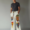 Pantalon Patte D'Éléphant Lin Blanc Ethnique Masques Africains Homme