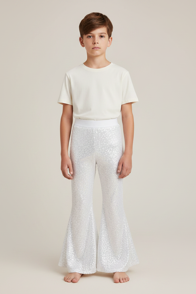Pantalon Patte D'Éléphant Blanc Pailleté Évasé Scintillant Enfant - Argenté Polyester