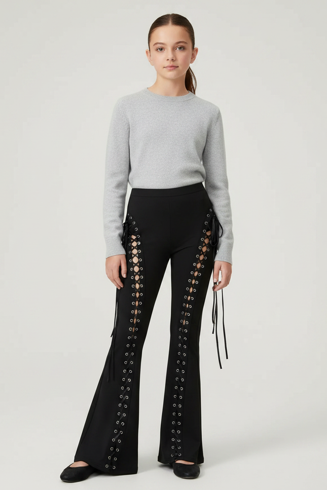 Pantalon Patte D'Éléphant Noir Lacets Oeillets Sexy Évasé - Maille