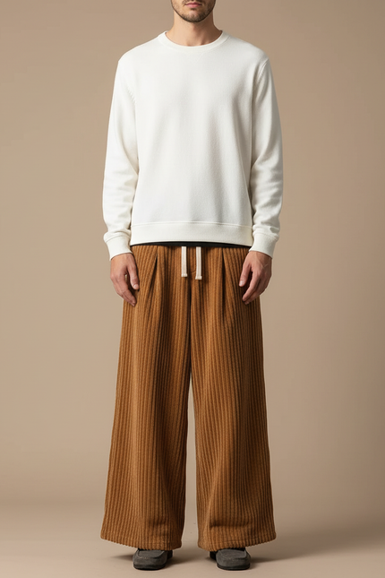 Pantalon Patte D'Éléphant Côtelé Marron Ample Décontracté Homme - Cordé