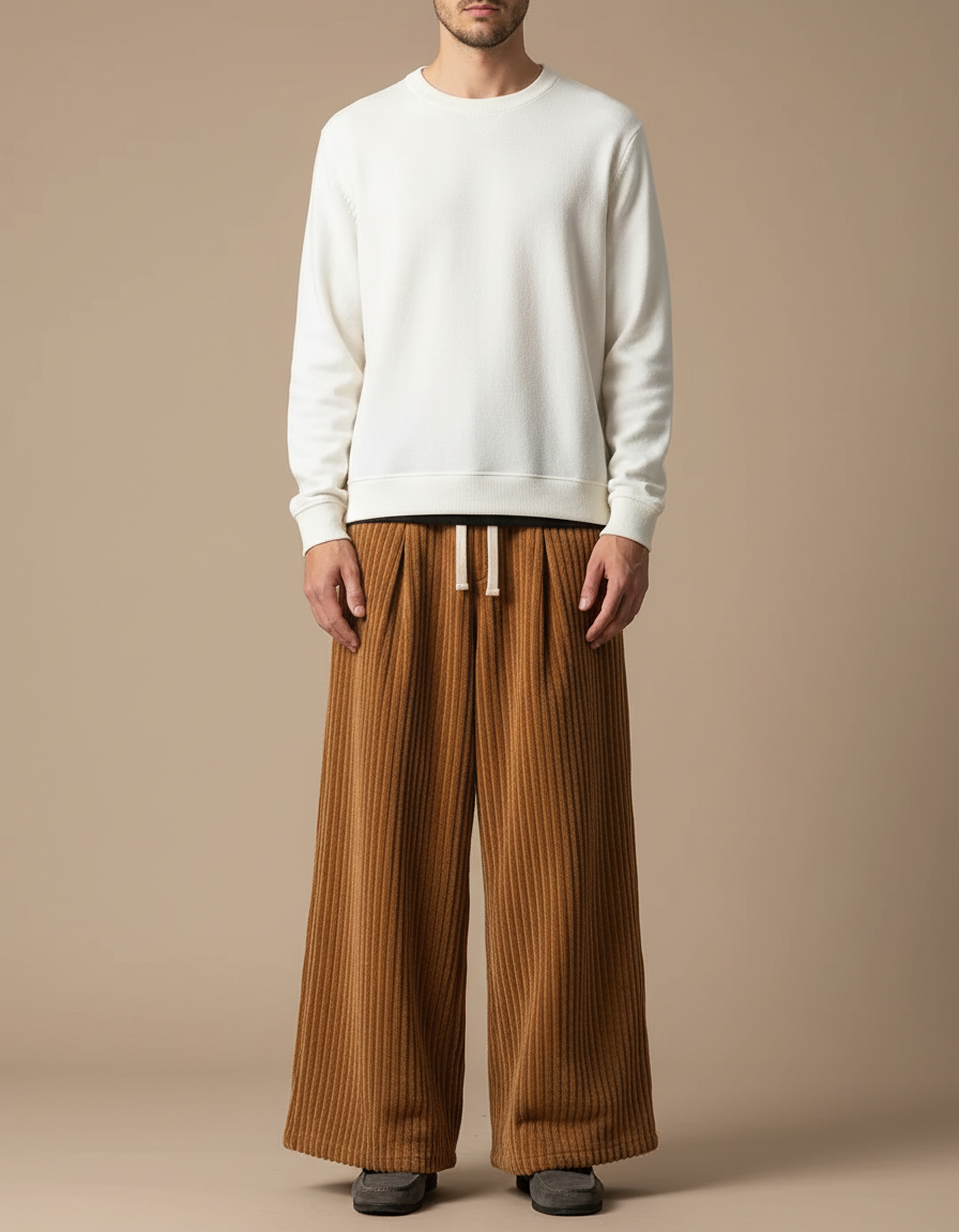 Pantalon Patte D'Éléphant Côtelé Marron Ample Décontracté Homme - Cordé