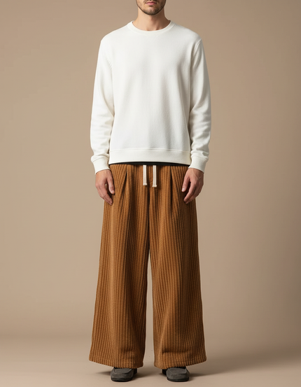 Pantalon Patte D'Éléphant Côtelé Marron Ample Décontracté Homme - Cordé