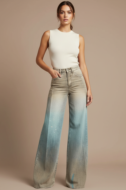 Pantalon Patte D'Éléphant Dégradé Ample Denim Vintage Femme - Multicolore Jean