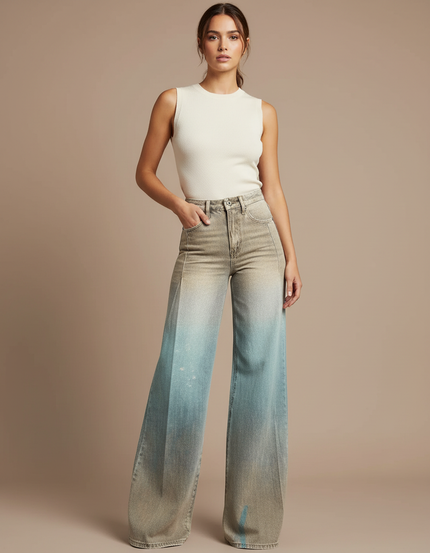 Pantalon Patte D'Éléphant Dégradé Ample Denim Vintage Femme - Multicolore Jean
