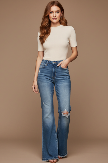 Pantalon Patte D'Éléphant Bleu Denim Délavé Taille Haute Déchiré - Jean