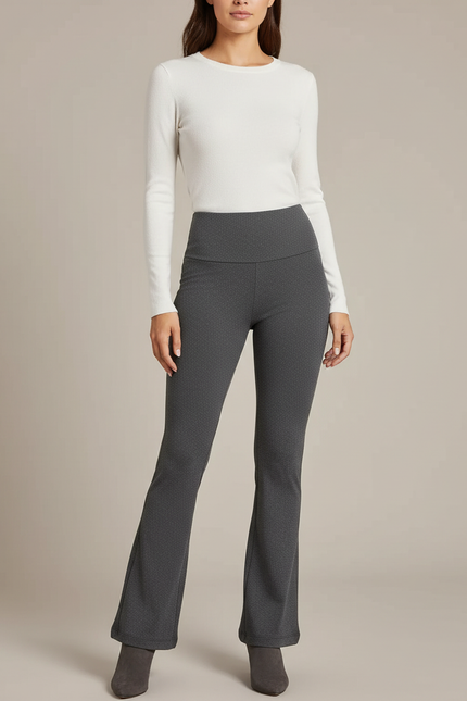 Pantalon Patte D'Éléphant Gris Taille Haute Texturé Évasé Femme - Maille