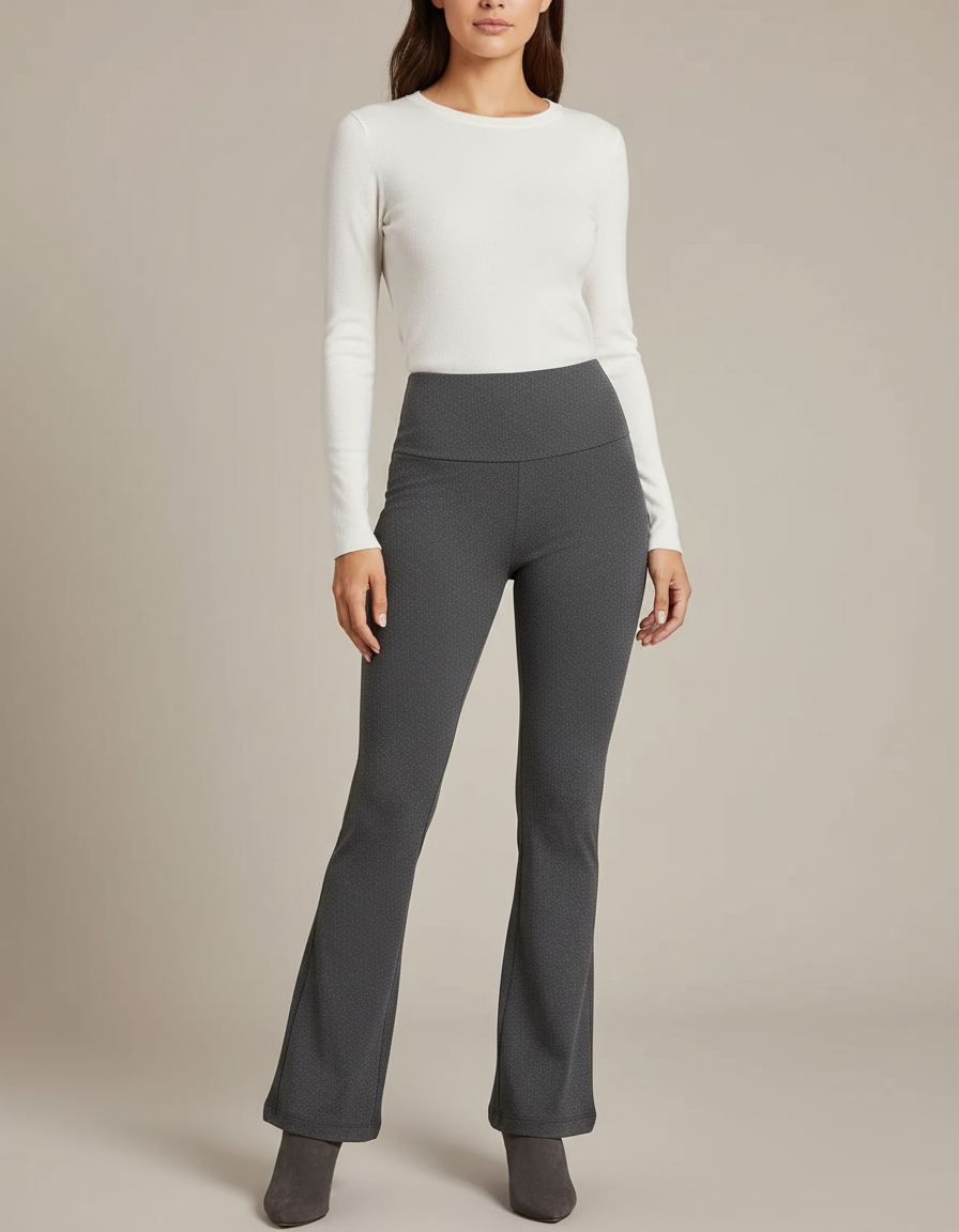 Pantalon Patte D'Éléphant Gris Taille Haute Texturé Évasé Femme - Maille