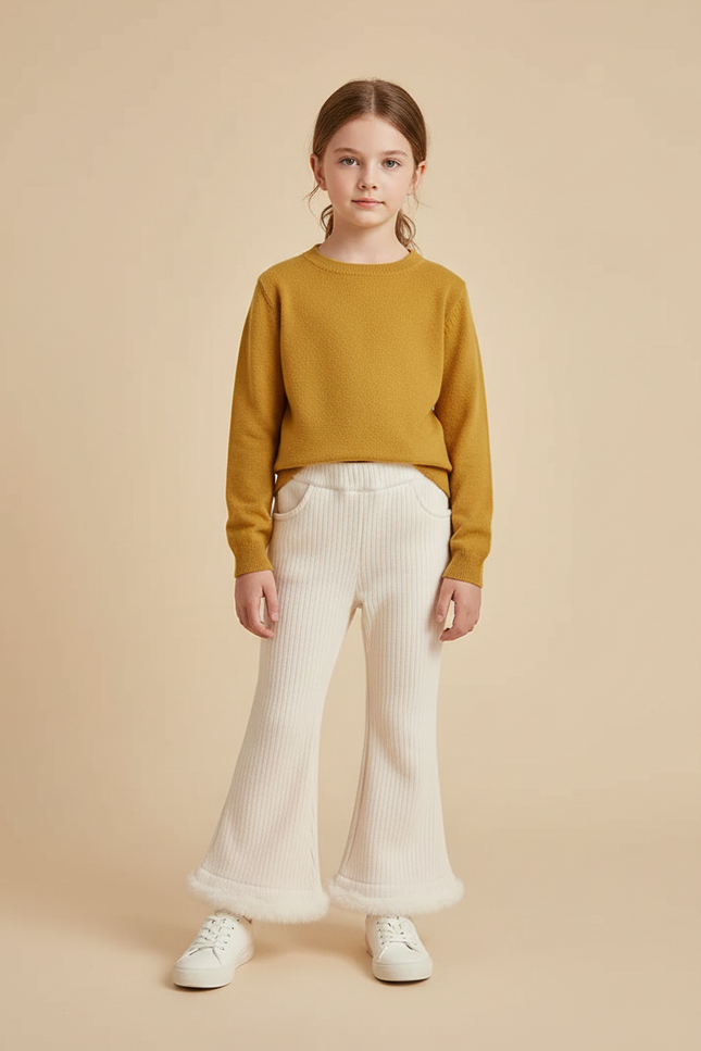 Pantalon Patte D'Éléphant Crème Côtelé Fourrure Chaud Fille - Beige Maille