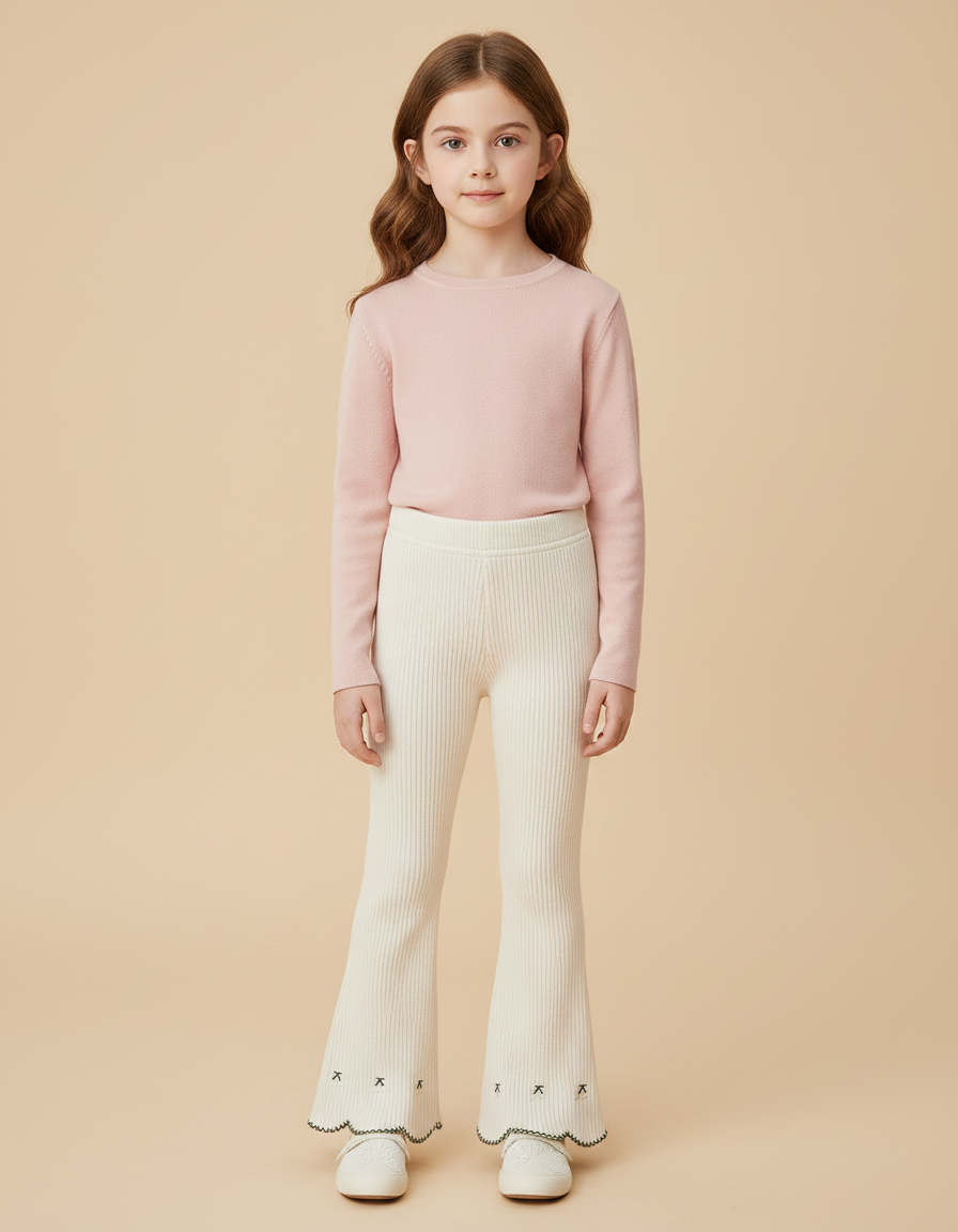 Pantalon Patte D'Éléphant Côtelé Écru Brodé Scallop Fille - Beige Maille