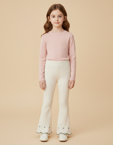 Pantalon Patte D'Éléphant Côtelé Écru Brodé Scallop Fille - Beige Maille