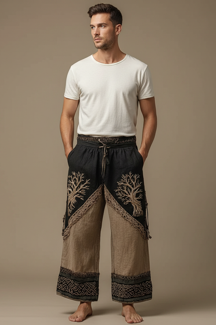 Pantalon Patte D'Éléphant Brodé Arbre Ethnique Ample Lin - Multicolore