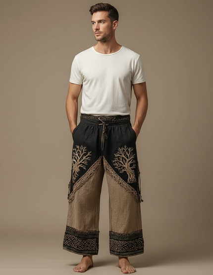 Pantalon Patte D'Éléphant Brodé Arbre Ethnique Ample Lin - Multicolore