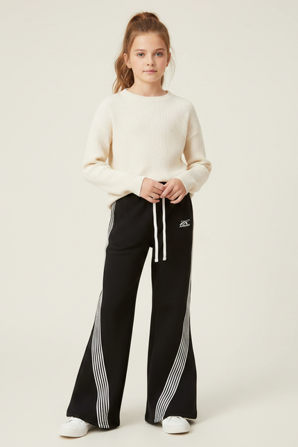 Pantalon Patte D'Éléphant Noir Bandes Blanches Sport Fille - Molleton