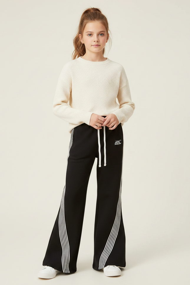 Pantalon Patte D'Éléphant Noir Bandes Blanches Sport Fille - Molleton