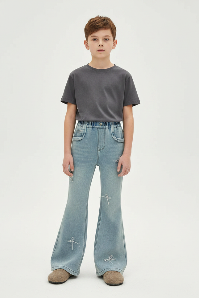 Pantalon Patte D'Éléphant Bleu Clair Évasé Nœuds Strass - Jean