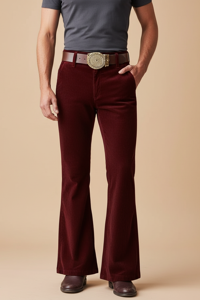 Pantalon Patte D'Éléphant Velours Côtelé Bordeaux Vintage Homme - Cordé