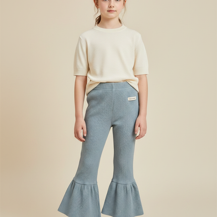 Pantalon Patte D'Éléphant Fille Côtelé Bleu Élastique Décontracté - Maille