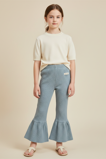 Pantalon Patte D'Éléphant Fille Côtelé Bleu Élastique Décontracté - Maille