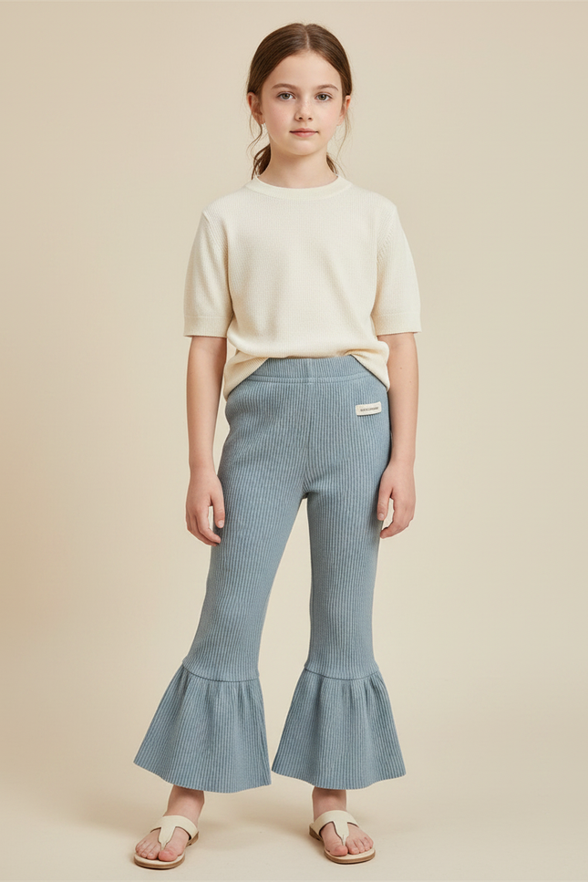 Pantalon Patte D'Éléphant Fille Côtelé Bleu Élastique Décontracté - Maille