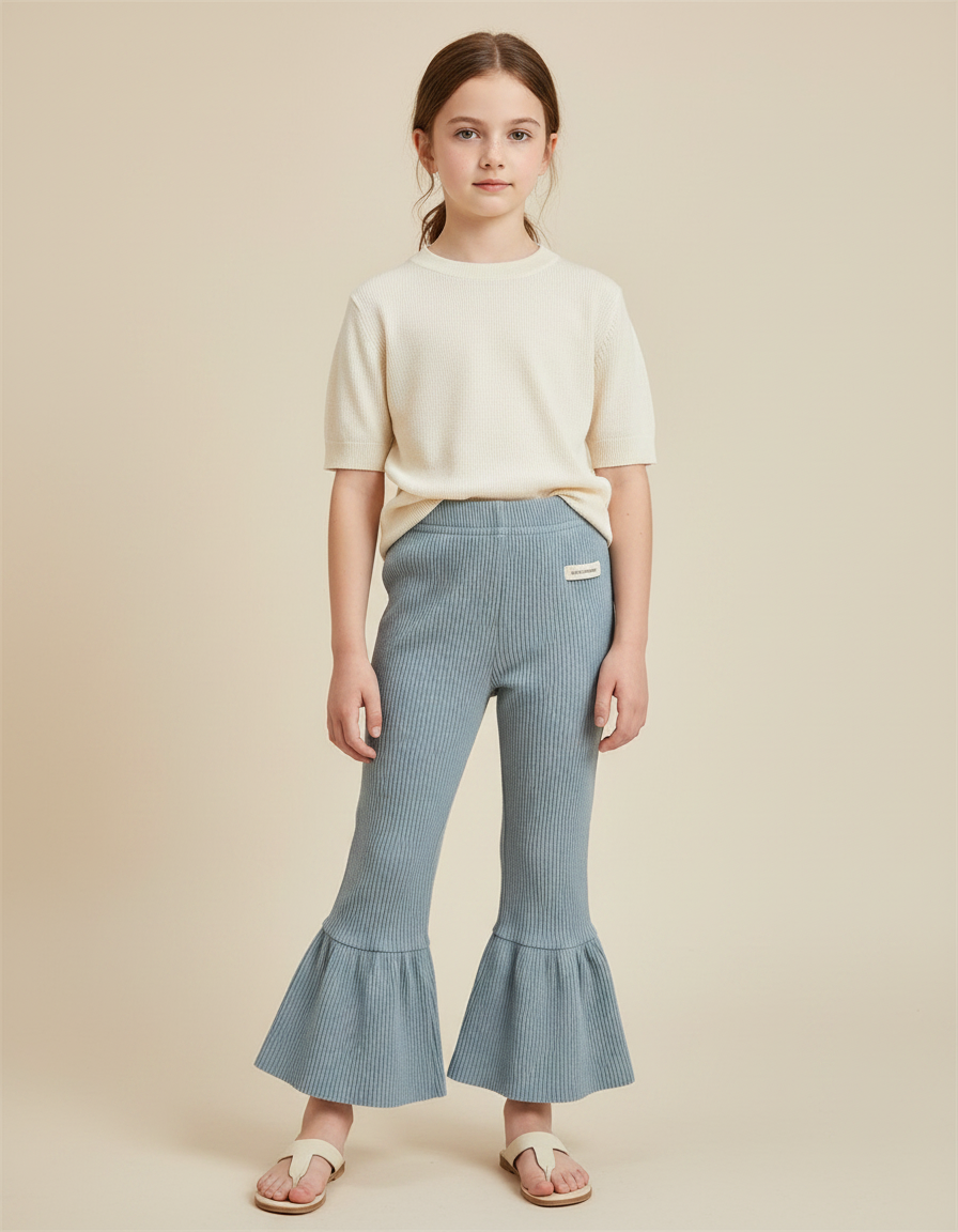 Pantalon Patte D'Éléphant Fille Côtelé Bleu Élastique Décontracté - Maille