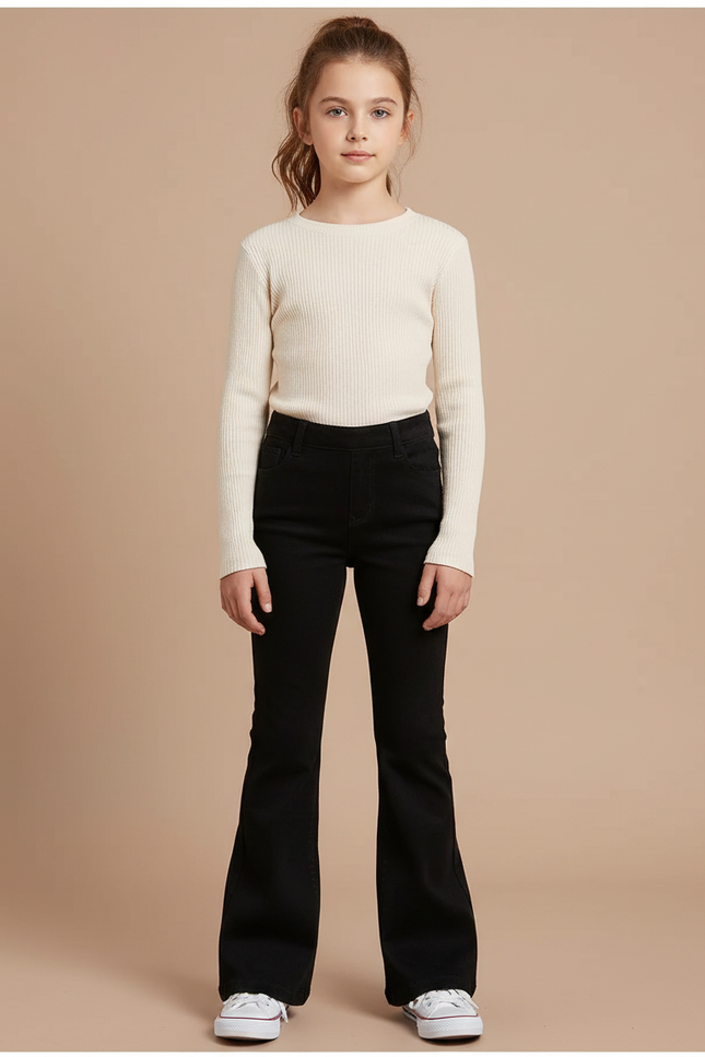 Pantalon Patte D'Éléphant Noir Coton Évasé Fille Simple - Jean