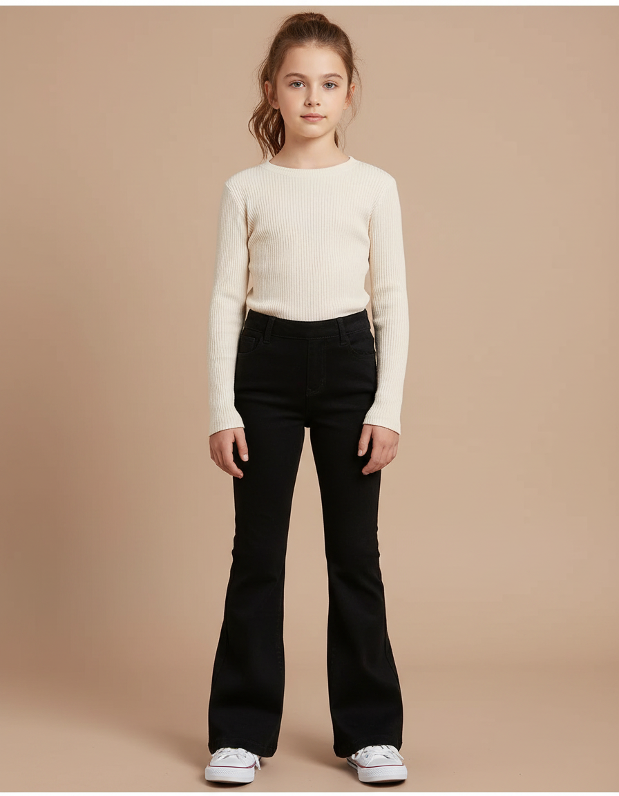 Pantalon Patte D'Éléphant Noir Coton Évasé Fille Simple - Jean