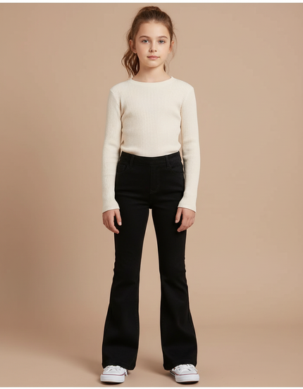 Pantalon Patte D'Éléphant Noir Coton Évasé Fille Simple - Jean