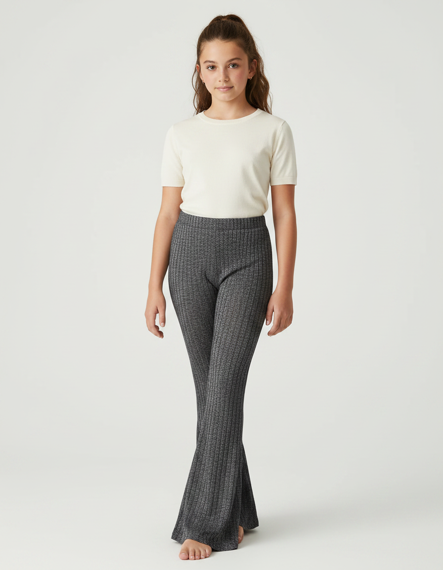 Pantalon Patte D'Éléphant Gris Côtelé Évasé Confortable - Maille