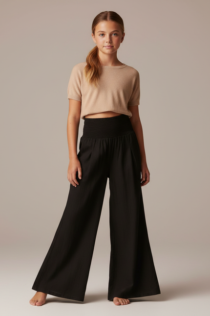 Pantalon Patte D'Éléphant Noir Fluide Taille Smockée - Viscose