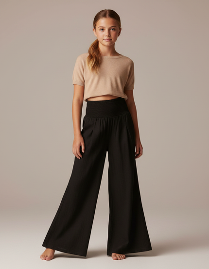 Pantalon Patte D'Éléphant Noir Fluide Taille Smockée - Viscose