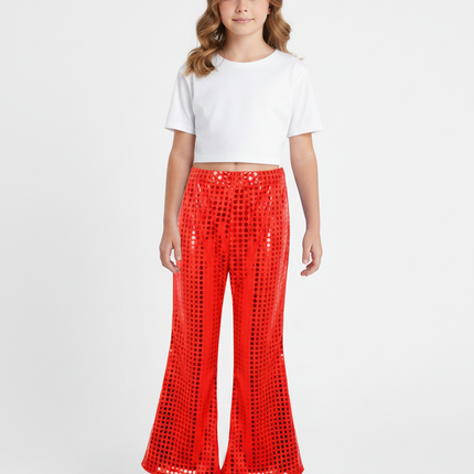Pantalon Patte D'Éléphant Rouge Scintillant Paillettes Évasé Fille - Polyester