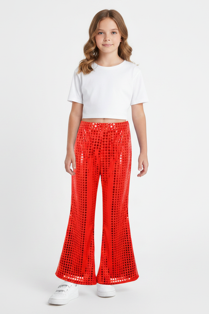 Pantalon Patte D'Éléphant Rouge Scintillant Paillettes Évasé Fille - Polyester
