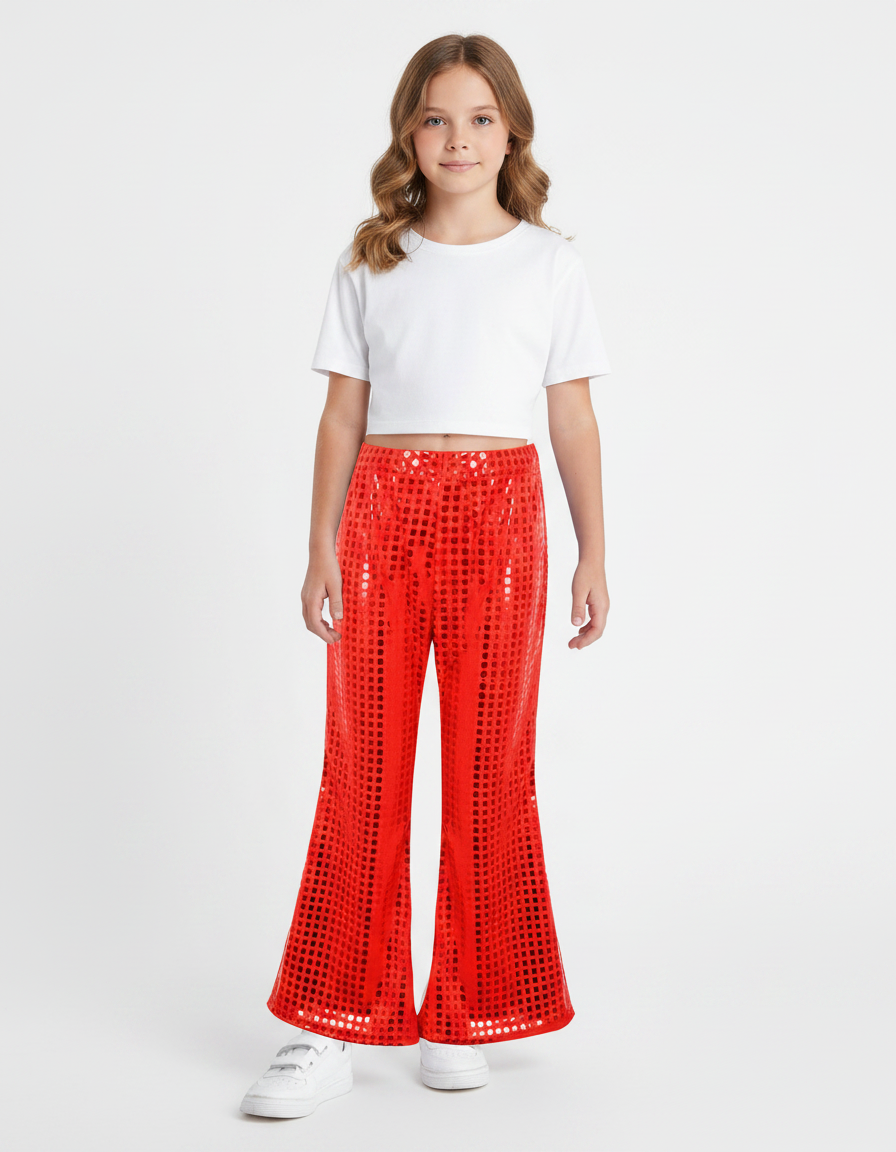 Pantalon Patte D'Éléphant Rouge Scintillant Paillettes Évasé Fille - Polyester