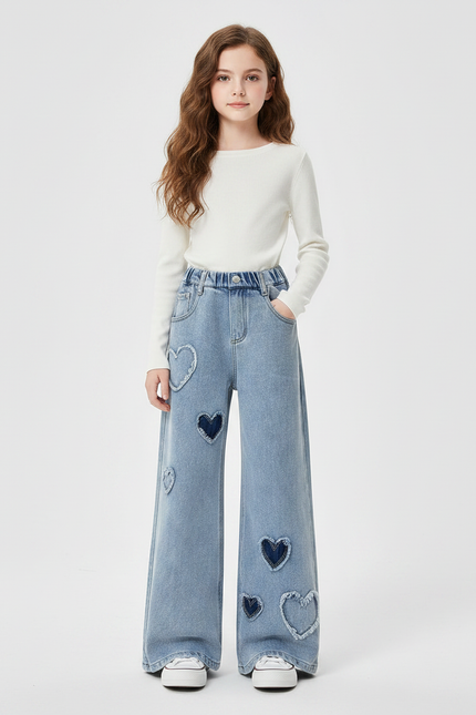 Pantalon Patte D'Éléphant Denim Cœur Évasé Fille Décontracté - Bleu Jean