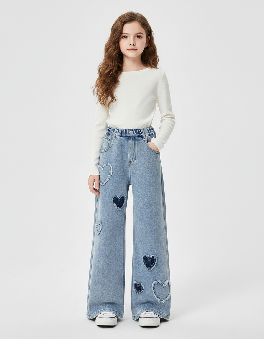 Pantalon Patte D'Éléphant Denim Cœur Évasé Fille Décontracté - Bleu Jean