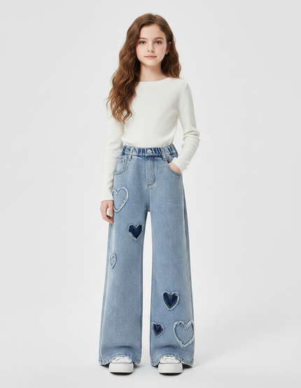 Pantalon Patte D'Éléphant Denim Cœur Évasé Fille Décontracté - Bleu Jean