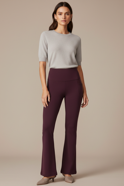 Pantalon Patte D'Éléphant Bordeaux Taille Haute Évasé Élégant Femme - Maille