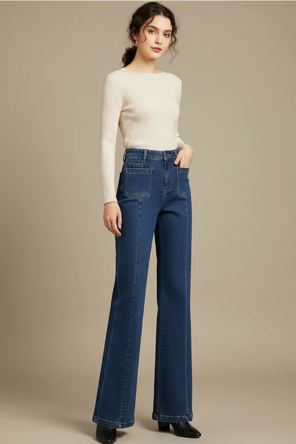Pantalon Patte D'Éléphant Bleu Denim Taille Haute Élégant - Jean