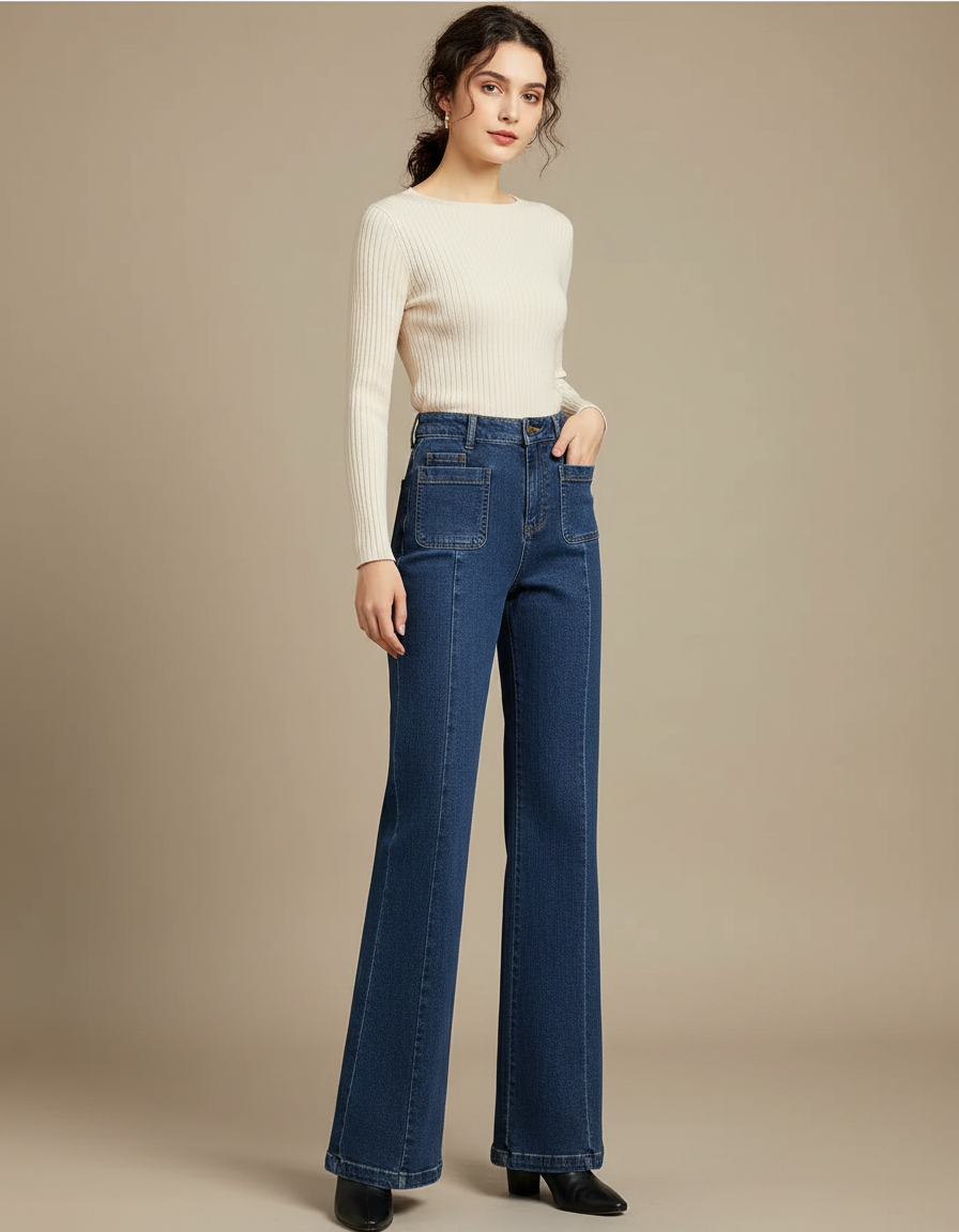 Pantalon Patte D'Éléphant Bleu Denim Taille Haute Élégant - Jean