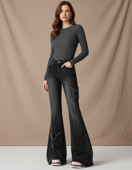 Pantalon Patte D'Éléphant Gris Délavé Papillon Évasé Taille Haute - Jean