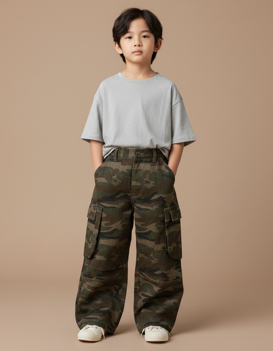 Pantalon Patte D'Éléphant Camouflage Cargo Ample Garçon Tendance - Imprimé Toile