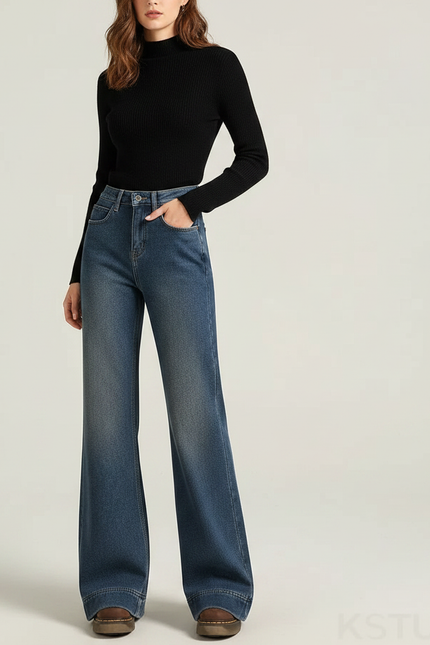Pantalon Patte D'Éléphant Jean Bleu Taille Haute Évasé Vintage