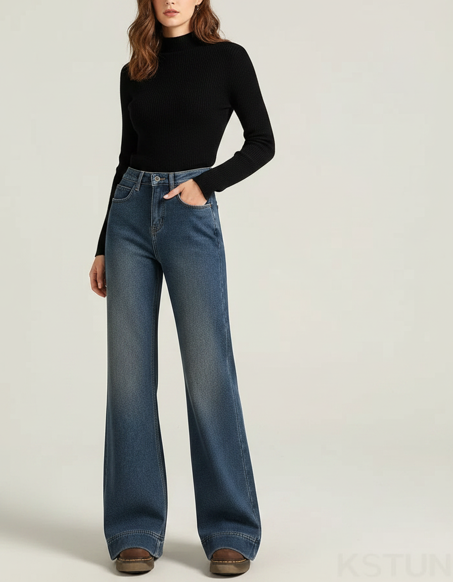 Pantalon Patte D'Éléphant Jean Bleu Taille Haute Évasé Vintage