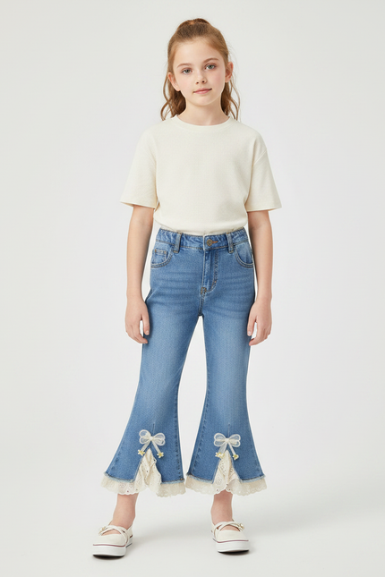Pantalon Patte D'Éléphant Denim Bleu, Dentelle, Nœuds, Fille - Jean