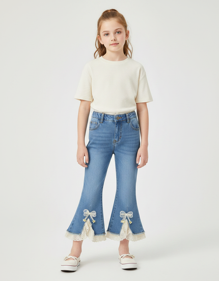 Pantalon Patte D'Éléphant Denim Bleu, Dentelle, Nœuds, Fille - Jean