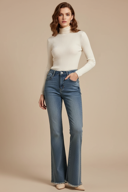 Pantalon Patte D'Éléphant Denim Bleu Effiloché Taille Haute - Jean